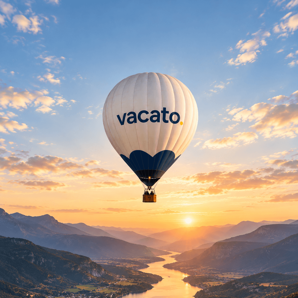 Montgolfière blanche et bleu marine vacato. survolant une rivière serpentant entre des montagnes